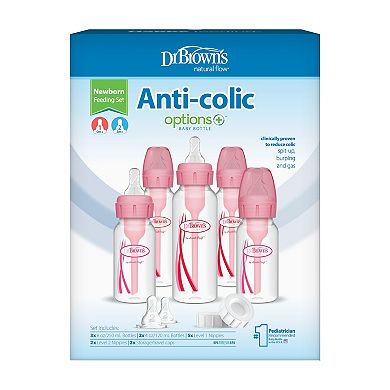 Dr. Brown's Options+ Anti-Colic Newborn Narrow Baby Bottle Feeding Gift Set - Pink