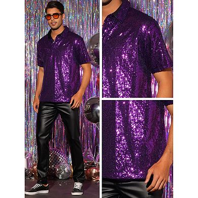 Sequin Polo For Men's Sparkle Short Sleeves Club Party Shiny Golf Shirts
