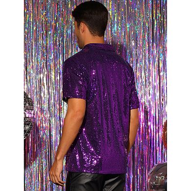 Sequin Polo For Men's Sparkle Short Sleeves Club Party Shiny Golf Shirts