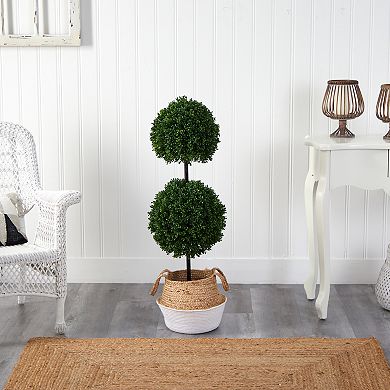 3.5’ Boxwood Double Ball Artificial Topiary Tree In Boho Chic Handmade Cotton & Jute Woven Planter