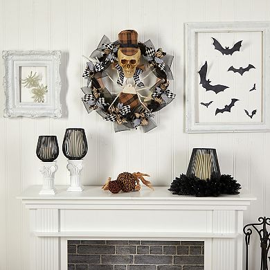 24” Halloween Skull In Plaid Mesh Wreath