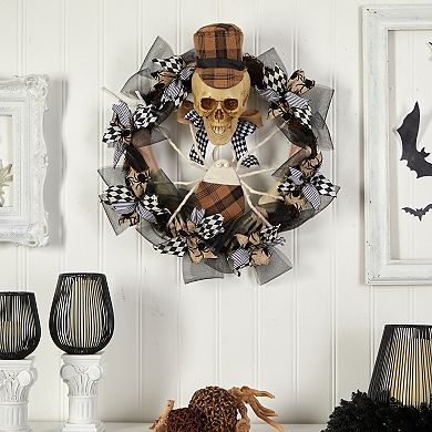 24” Halloween Skull In Plaid Mesh Wreath