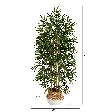 64” Bamboo Artificial Tree In Boho Chic Handmade Cotton & Jute Woven Planter