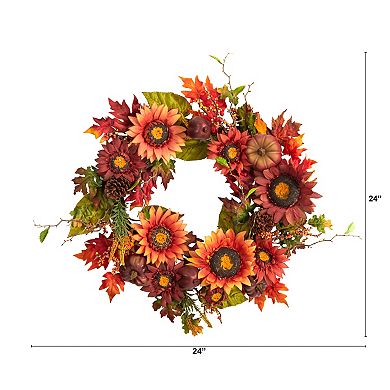 24” Autumn Sunflower, Pumpkin, Pinecone And Berries Fall Artificial Wreath