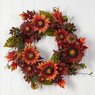 24” Autumn Sunflower, Pumpkin, Pinecone And Berries Fall Artificial Wreath
