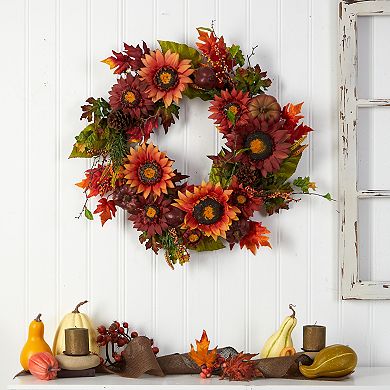 24” Autumn Sunflower, Pumpkin, Pinecone And Berries Fall Artificial Wreath