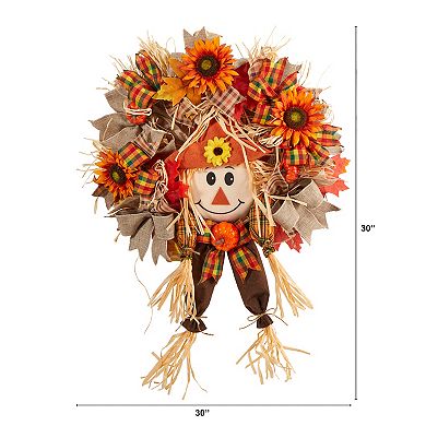 30” Scarecrow Fall Artificial Autumn Wreath With Sunflower, Pumpkin And Decorative Bows