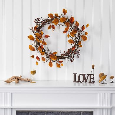 19” Harvest Leaf, Berries  And Twig Artificial Wreath