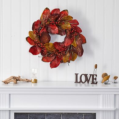 24” Harvest Magnolia Leaf And Berries Artificial Wreath
