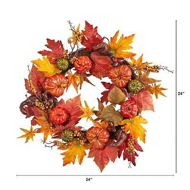 24” Autumn Pumpkin And Berries Artificial Fall Wreath