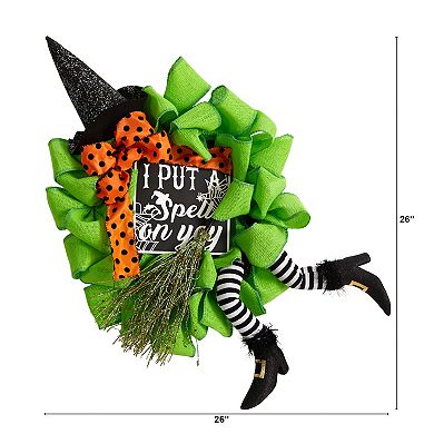 26" Halloween Witch Broom And Hat Mesh Wreath