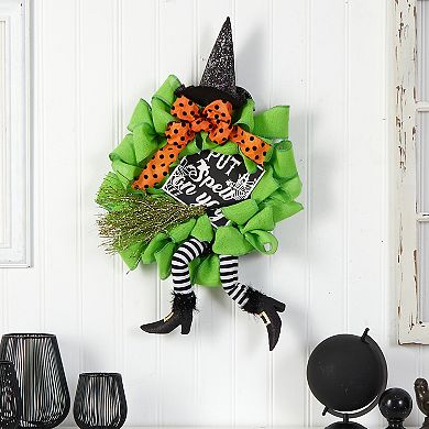 26" Halloween Witch Broom And Hat Mesh Wreath