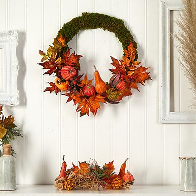 20” Autumn Pumpkin, Gourd And Fall Maple Leaf Artificial Wreath