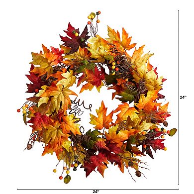 24” Autumn Maple Leaf And Berries Artificial Fall Wreath With Twig Base