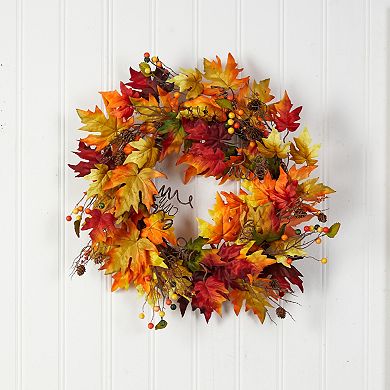 24” Autumn Maple Leaf And Berries Artificial Fall Wreath With Twig Base