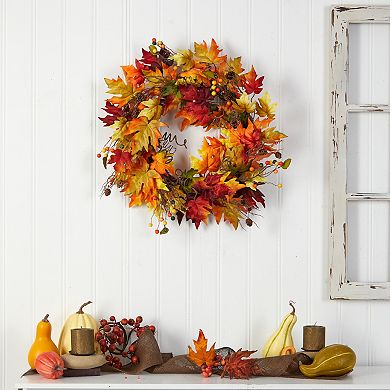24” Autumn Maple Leaf And Berries Artificial Fall Wreath With Twig Base