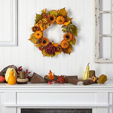22” Autumn Hydrangea, Pumpkin And Sunflower Artificial Fall Wreath