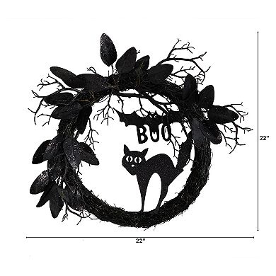 22” Halloween Black Cat And Bat Boo Twig Wreath