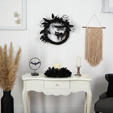 22” Halloween Black Cat And Bat Boo Twig Wreath