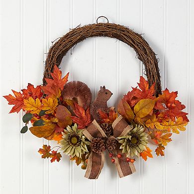 26” Fall Harvest Artificial Autumn Wreath With Twig Base And Bunny