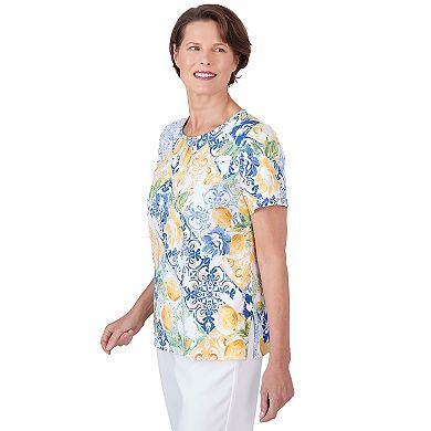 Women's Alfred Dunner Pleated Neck Lemons Short Sleeve Top