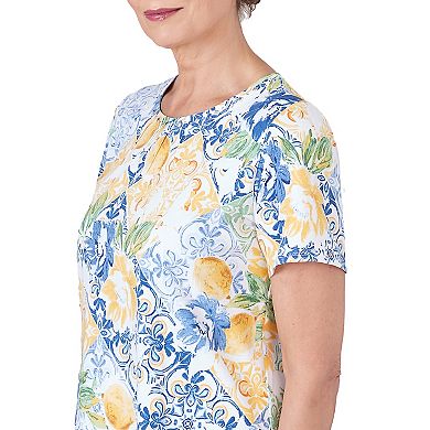 Women's Alfred Dunner Pleated Neck Lemons Short Sleeve Top