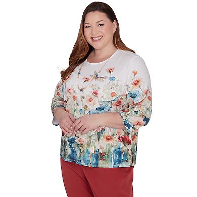 Plus Size Alfred Dunner Floral Watercolor Dragonfly Print Top with Necklace