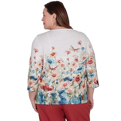 Plus Size Alfred Dunner Floral Watercolor Dragonfly Print Top with Necklace