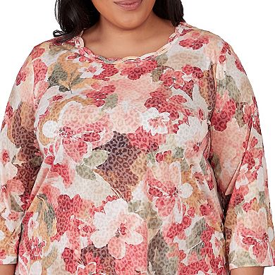 Plus Size Alfred Dunner Watercolor Print Knotted Crewneck 3/4-Sleeve Top