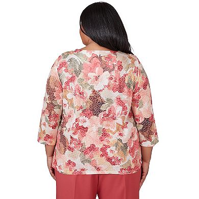 Plus Size Alfred Dunner Watercolor Print Knotted Crewneck 3/4-Sleeve Top