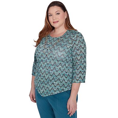 Plus Size Alfred Dunner Zig-Zag Space Dye Long Sleeve Top with Necklace