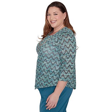 Plus Size Alfred Dunner Zig-Zag Space Dye Long Sleeve Top with Necklace