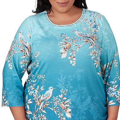 Plus Size Alfred Dunner Ombre Perched Bird Print Beaded Neck Top