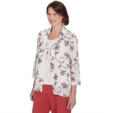 Women's Alfred Dunner Floral Vine Print Two-in-One Long Sleeve Top with Necklace