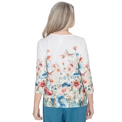Women's Alfred Dunner Floral Watercolor Dragonfly Print Top with Necklace