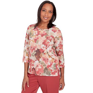 Women's Alfred Dunner Watercolor Print Knotted Crewneck 3/4-Sleeve Top