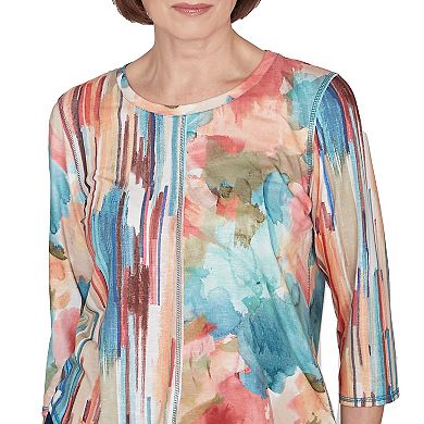 Petite Alfred Dunner Spliced Floral Watercolor 3/4-Sleeve Top