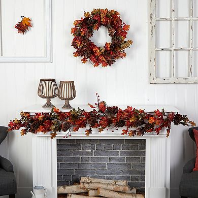 6’ Autumn Maple Leaves, Berry And Pinecones Fall Artificial Garland