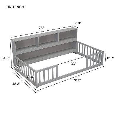 Floor-framed Bed With Bedside Bookcase, Shelves, Guardrails, Without Mattress