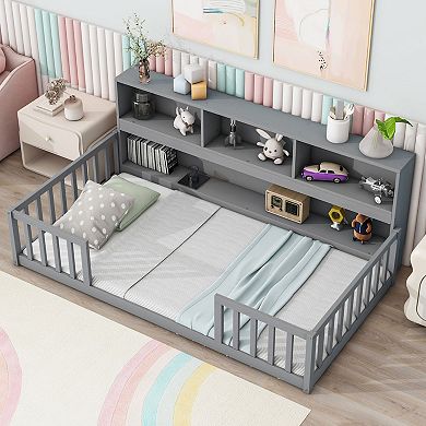 Floor-framed Bed With Bedside Bookcase, Shelves, Guardrails, Without Mattress