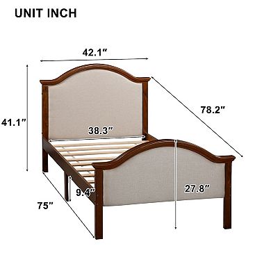 Solid Pine Bed With Upholstered Headboard And Footboard & Slats, Without Mattress