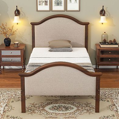 Solid Pine Bed With Upholstered Headboard And Footboard & Slats, Without Mattress