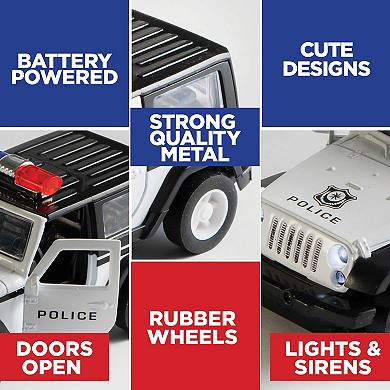 Metal Diecast Police Cars With Pull Back And Battery Power, Led Headlights, Truck And Sirens