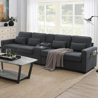 114.2" Upholstered Sofa With Console, 2 Cupholders And 2 Usb Ports Wired Or Wirelessly Charge