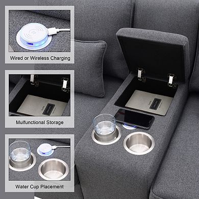 114.2" Upholstered Sofa With Console, 2 Cupholders And 2 Usb Ports Wired Or Wirelessly Charge