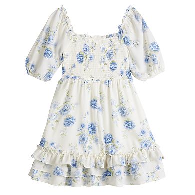 Girls 7-16 Poppies & Roses Floral Smocked Ruffle Dress