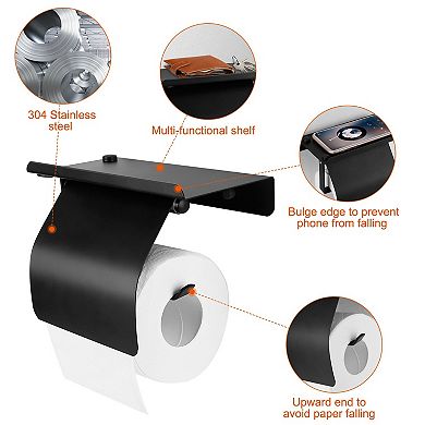 Black, Wall-mounted Toilet Paper Holder With Phone Storage Rack