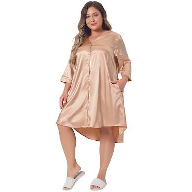 Plus Size Nightshirt For Women Satin Button Down 3/4 Sleeve With Pockets Nightgown
