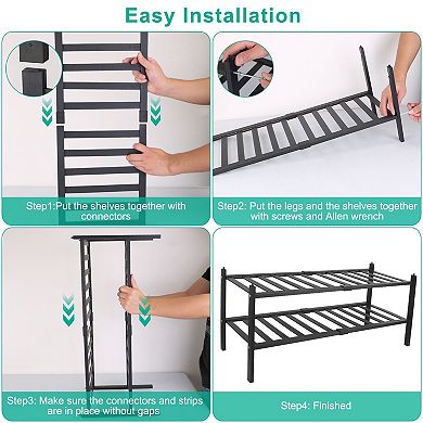 Black, 2-tier Bamboo Shoe Rack Stackable And Free-standing Shoe Organizer