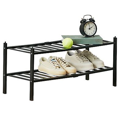 Black, 2-tier Bamboo Shoe Rack Stackable And Free-standing Shoe Organizer